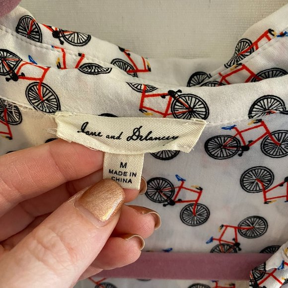 Anthropologie White & Orange Bikes Button-Down Blouse Shirt Jane and Delancey M - Picture 3 of 4